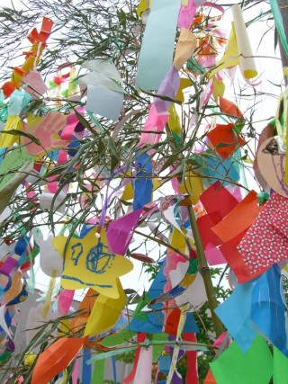 Schoolchildren often use colorful papers that they then hand on bamboo branches.
